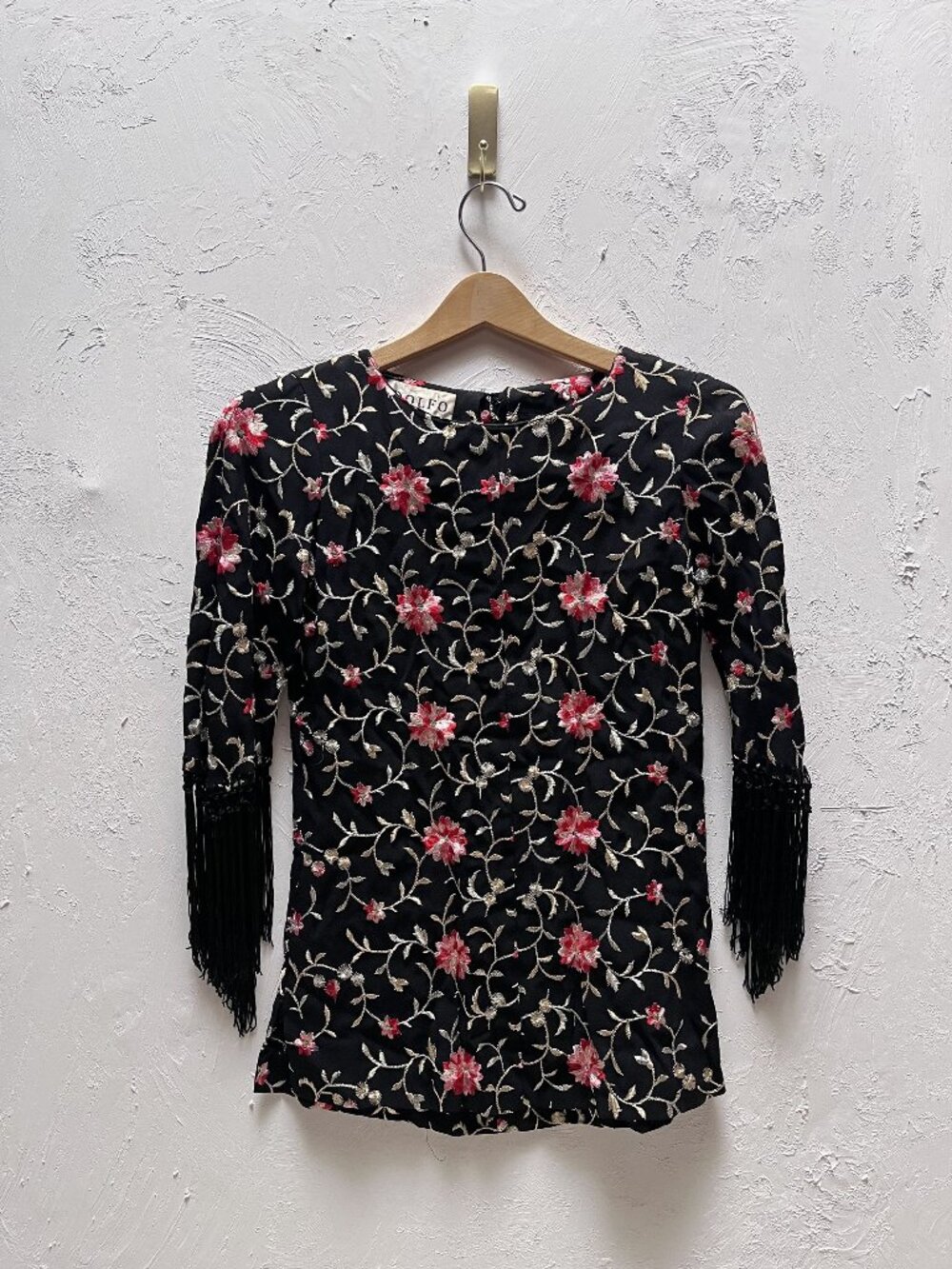 VTG Saks Fifth Avenue Adolfo Black Women's Floral Embroidered Tassel Blouse XS